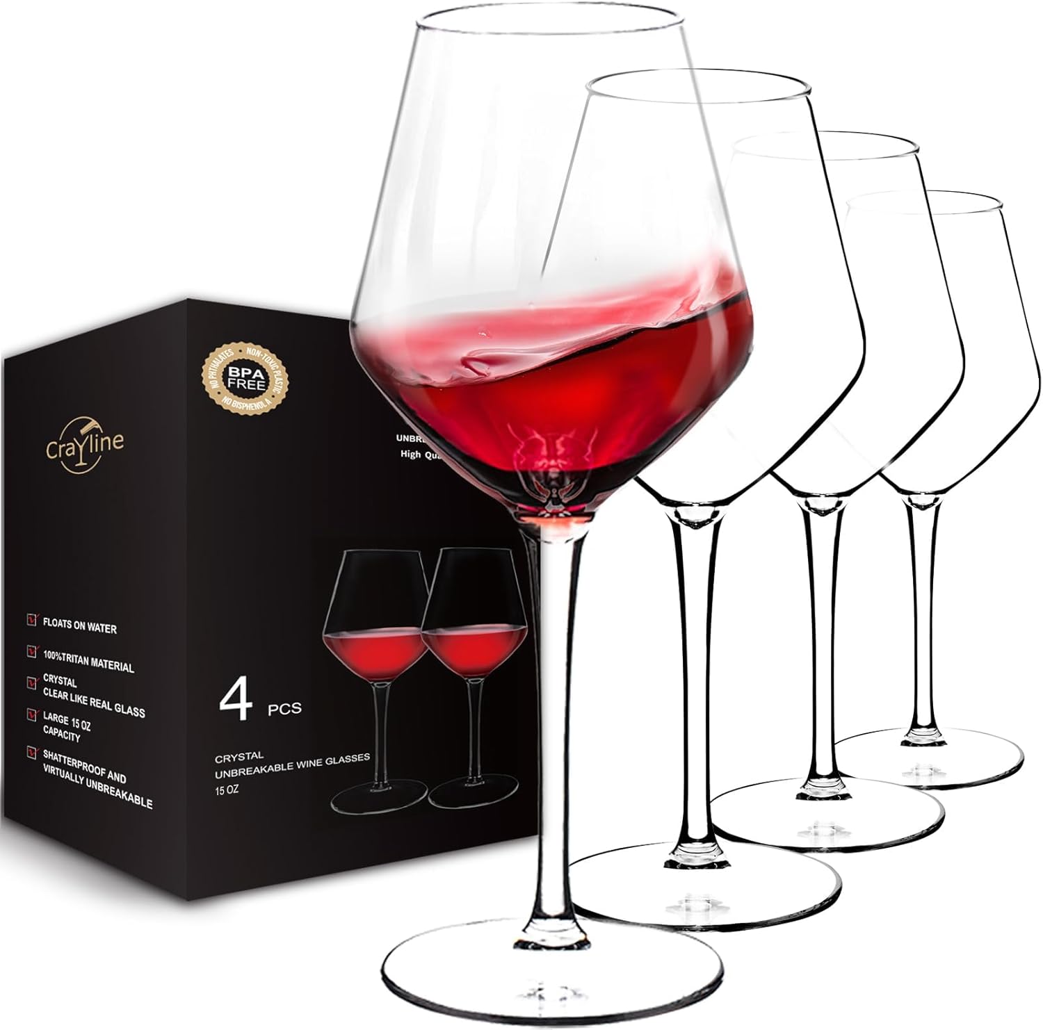 Crayline Unbreakable Tritan Wine Glasses Set of 4 (15oz) | B — close-up