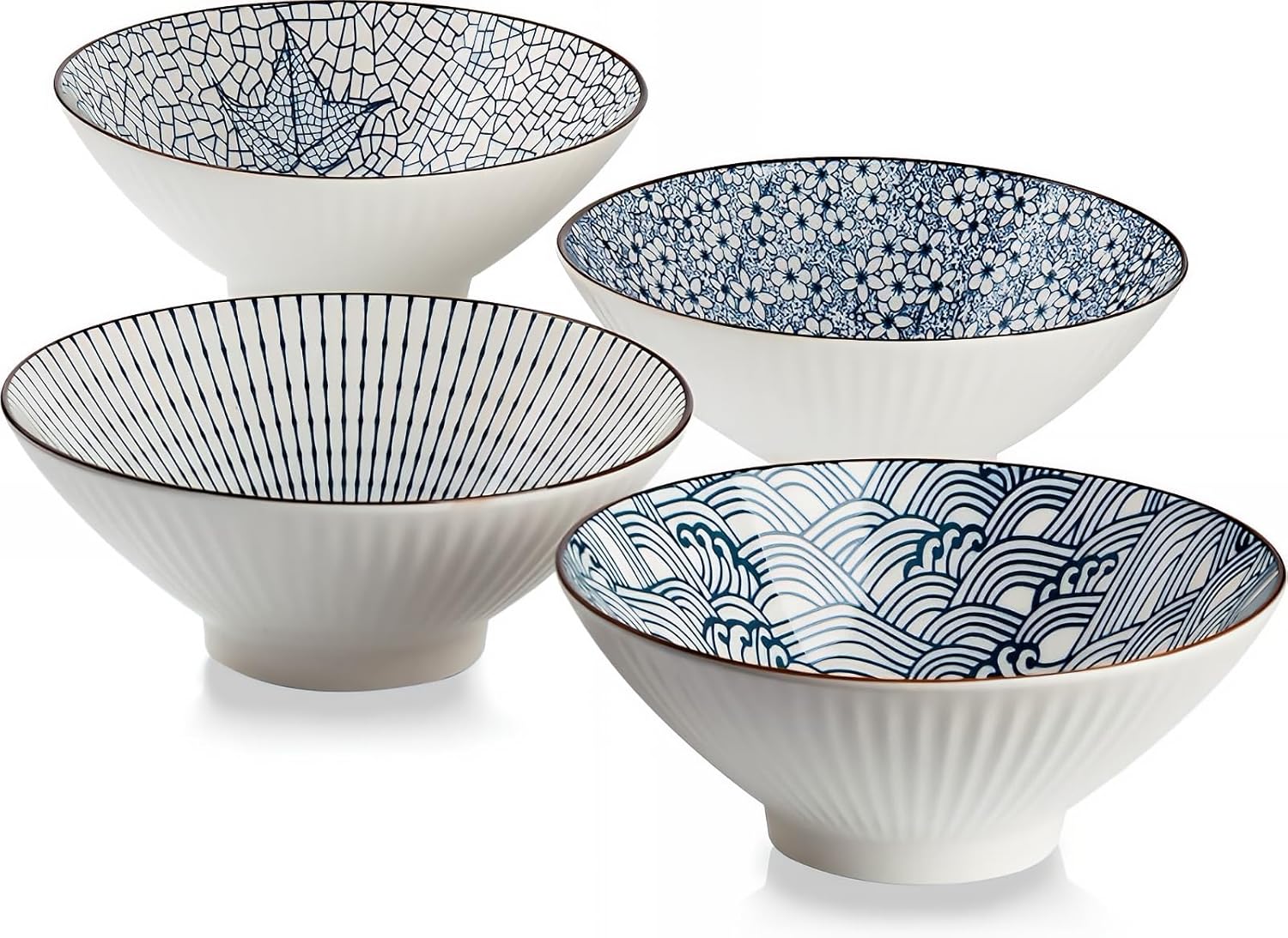 Japanese Ramen Bowls 38oz Ceramic Set of 4 by QINLANG - Blue — close-up
