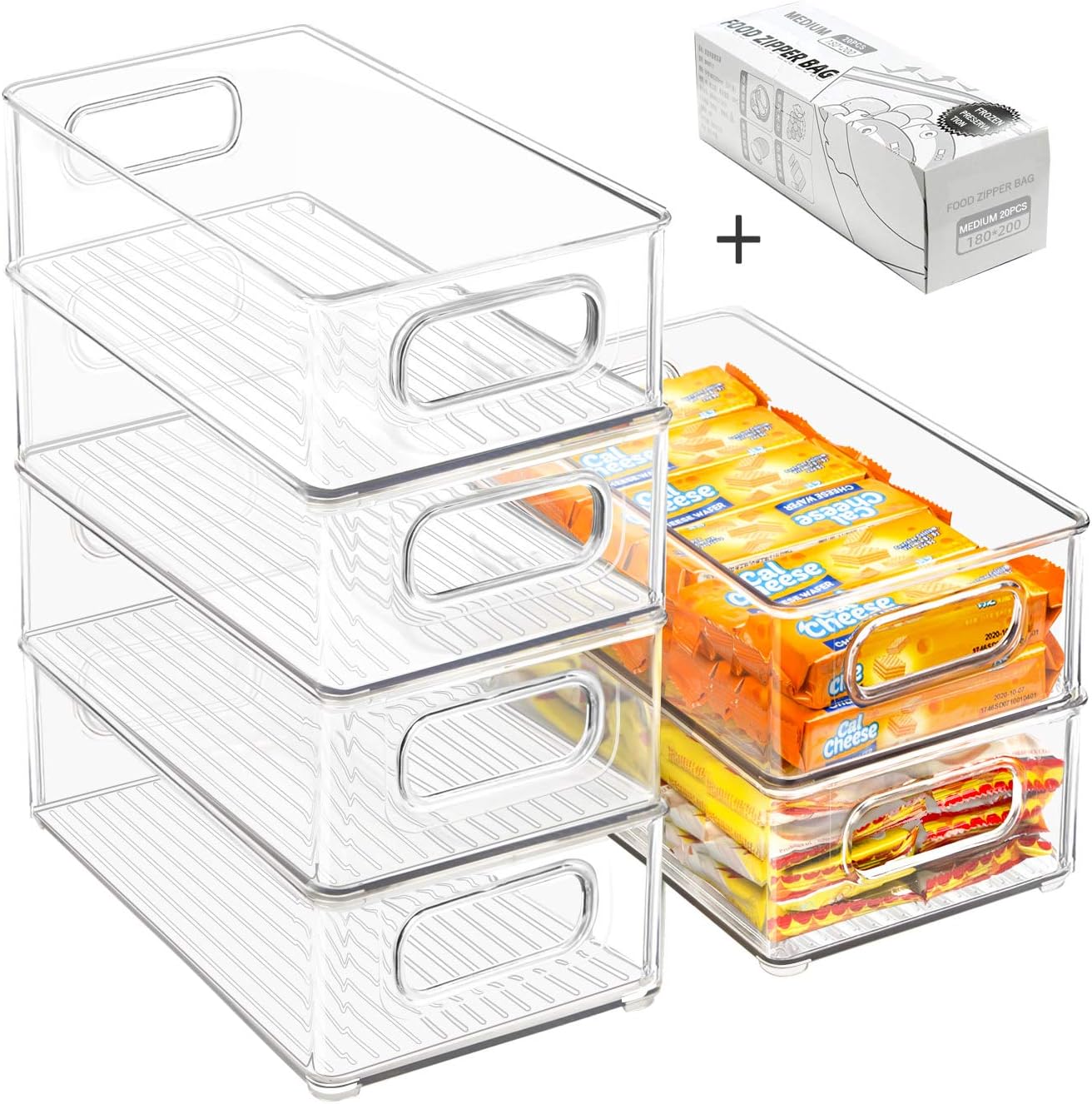 Stackable Clear Refrigerator Organizer Bins 6-Pack with Hand — close-up