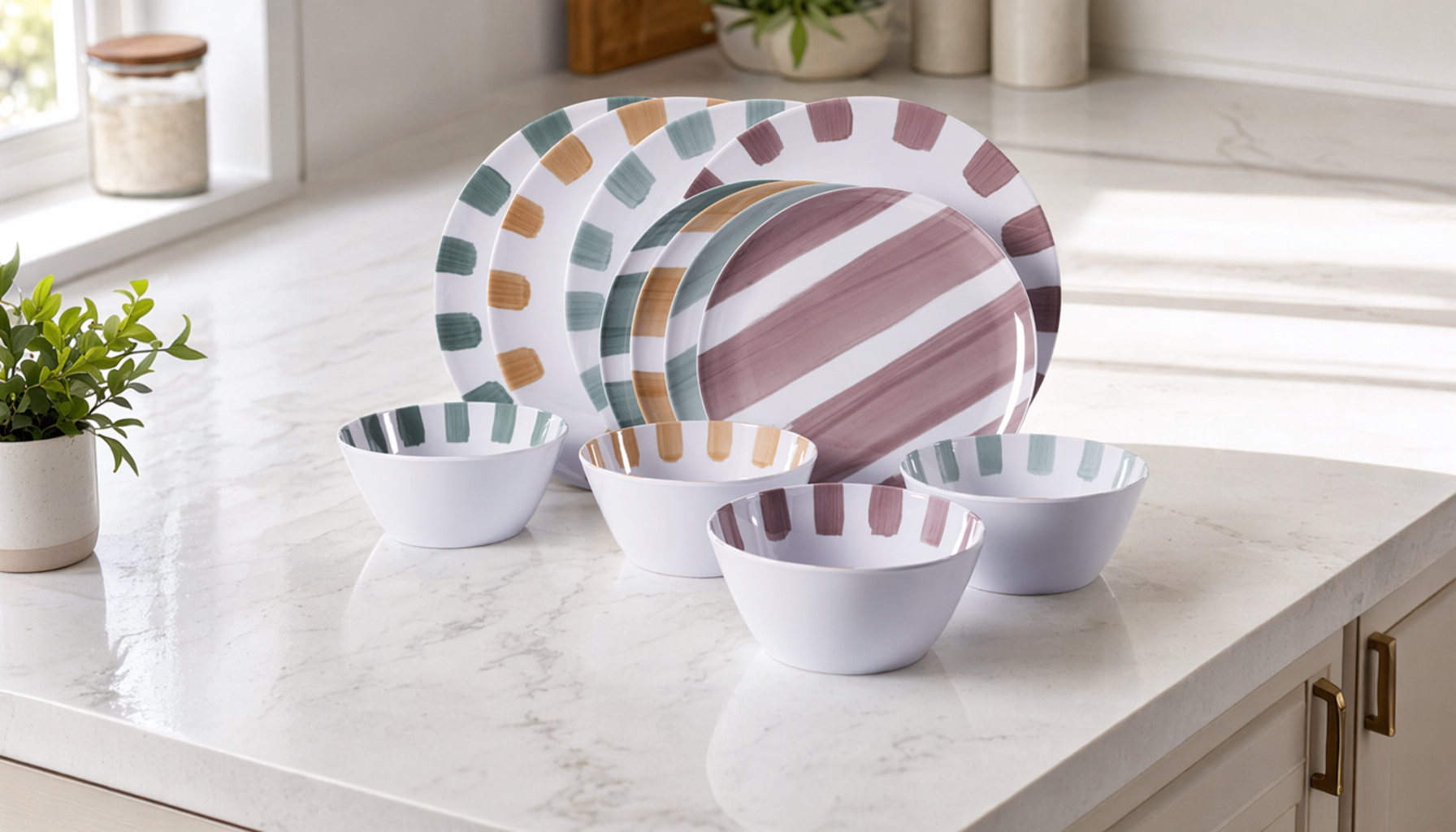 Gibson Home Cottage Stripes 12-Piece Melamine Dinnerware Set for outdoor dinnerware
