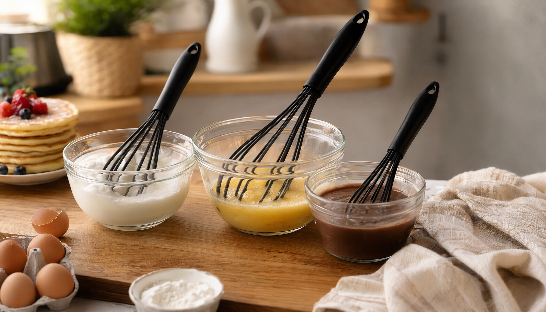 Silicone Whisk Set for Non-Stick Cookware — NileHome 3-Pack  in use